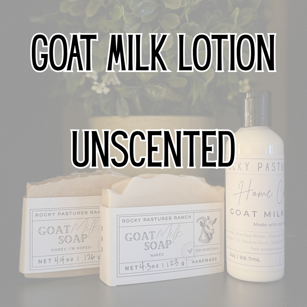 Goat Milk Lotion Title with Unscented as the fragrance listed. Image of bottle & bars of soap in background