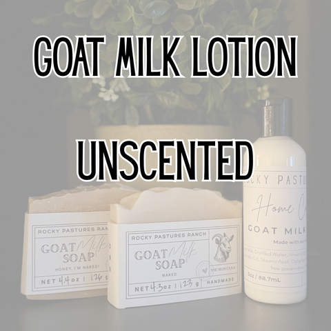 Goat Milk Lotion Title with Unscented as the fragrance listed. Image of bottle & bars of soap in background