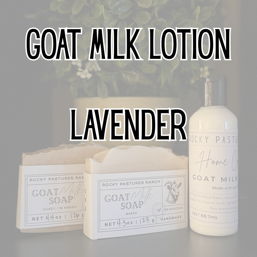 Goat Milk Lotion Title with Lavender as the fragrance. Lotion Bottle and soap bars in the background