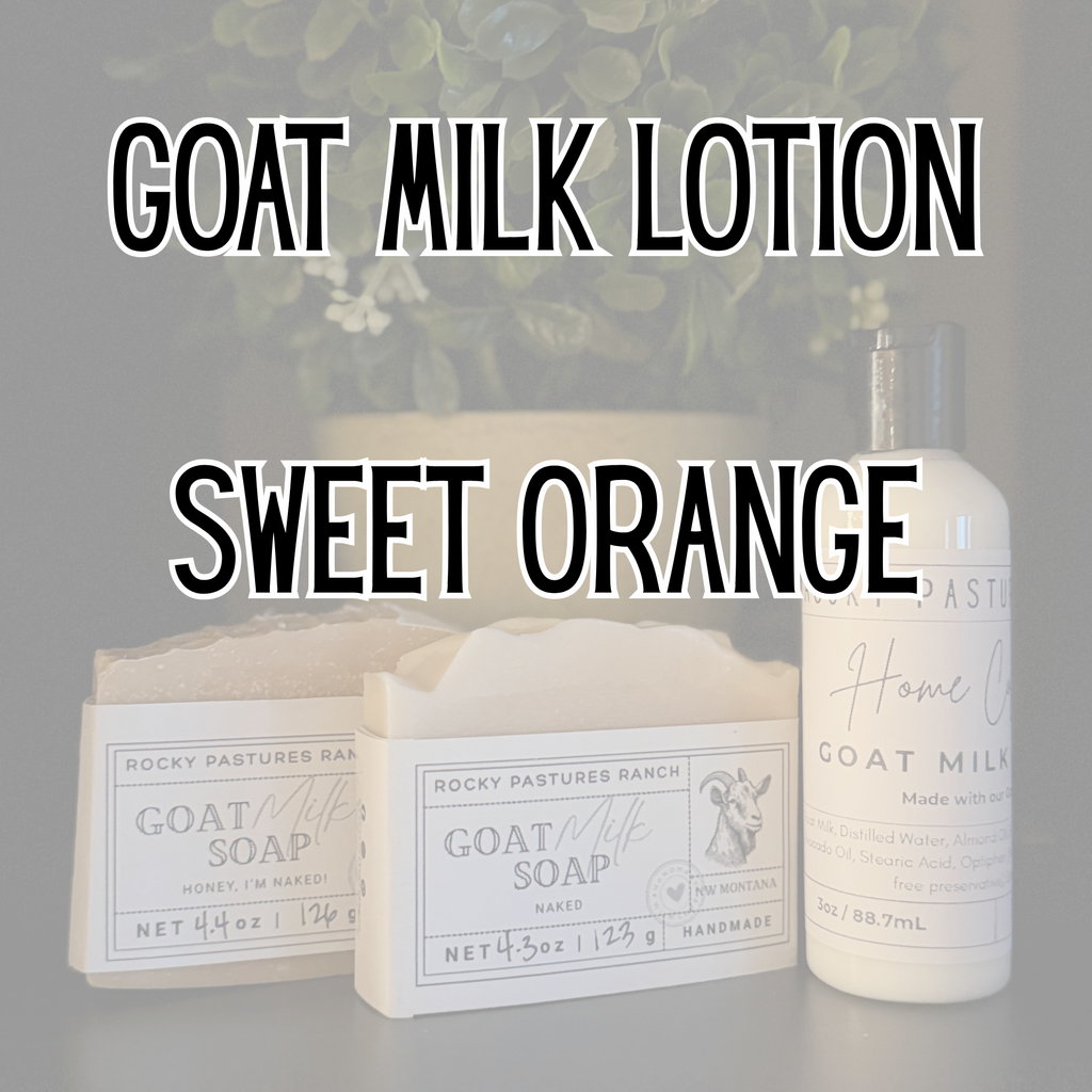 Graphic of lotion & soap bars with Goat Milk Lotion Sweet Orange as a heading